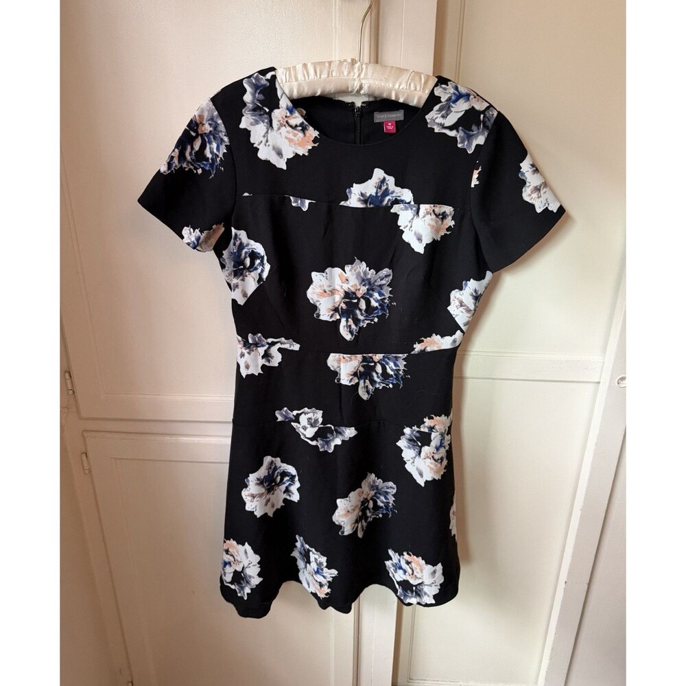 Vince Camuto Black Floral Fit Flare Dress Flutter Sleeve - Size 10